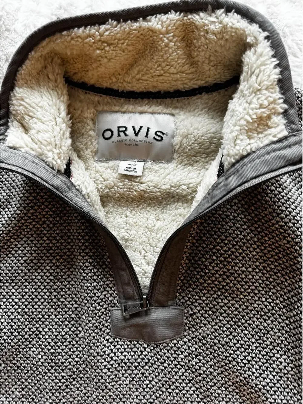 Orvis Sherpa Fleece Pullover Mens Medium Gray 1/4‎ Zip Sweater Heavy Knit Lined